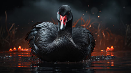 Elegant Black Swan Swim in Lake Water Blurry Background Imageの素材