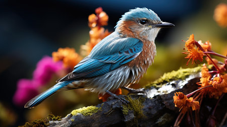 Blue Bird Perched On A Flowering Plant Blurry Background Imageの素材