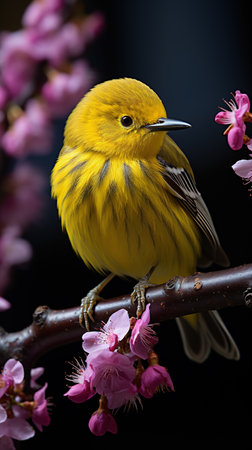 Beautiful Yellow Warbler In A Purple Flowering Tree Blurry Background Imageの素材