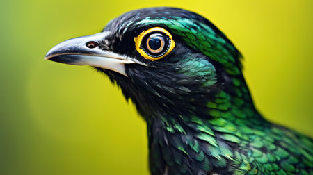 Green And Black Bird in Lush Green Blurry Background Imageの素材