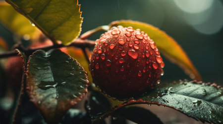 Wet Red Lychee fruit With Leaves Blurry Background Imageの素材