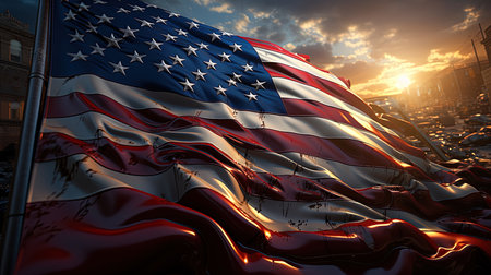 Waving Flag of America - USA Flag City In Blurry Background Imageの素材