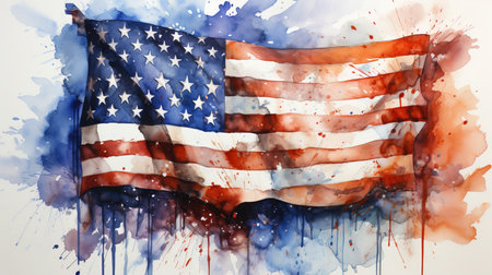 Artistic Watercolor Oil Painting of USA Flag Splatter Color On White Background Imagesの素材