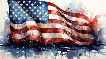 Artistic Watercolor Oil Painting of USA Flag Splatter Color On White Background Imagesの素材