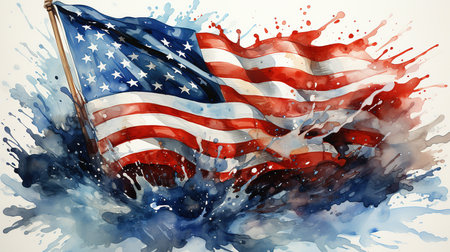 Artistic Watercolor Oil Painting of USA Flag Splatter Color On White Background Imagesの素材