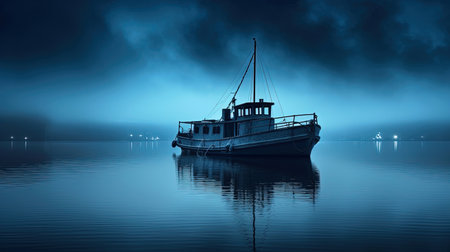 A Fishing Boat on The Water Through a Misty Cloudy and Foggy Night Background Imageの素材