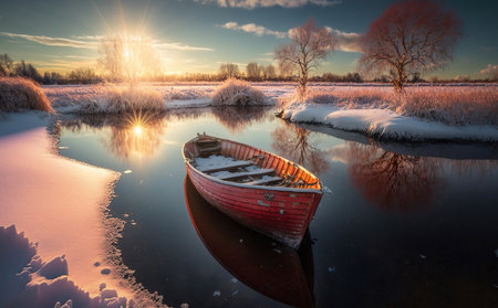 A Small Red Longboat in the Canal of Frozen Water Background Imageの素材