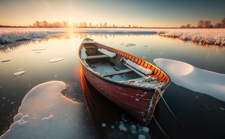 A Small Red Longboat in the Canal of Frozen Water Background Imageの素材