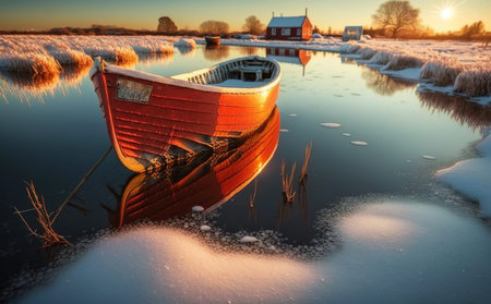 A Small Red Longboat in Frozen Water With Red Small Cabin House At Sunrise Background Imageの素材