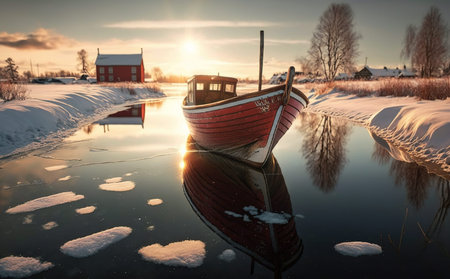 A Small Red Longboat in Frozen Water With Red Small Cabin House At Sunrise Background Imageの素材