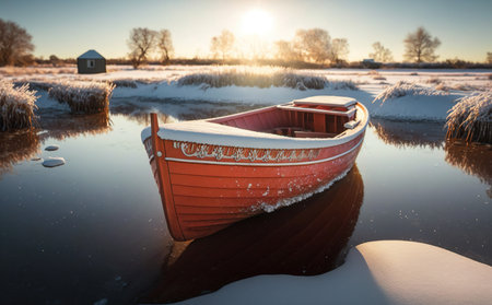 A Small Red Longboat in the Canal of Frozen Water Background Imageの素材