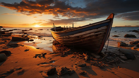 As the Sun Dips Below The Horizon Casting A Warm Glow Across The Beach An Abandoned Boat Sits Marooned On The Sand Background Imageの素材