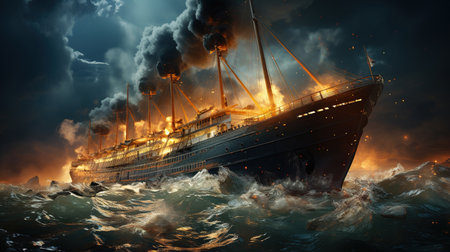 The Titanic Colliding With An Iceberg Depicting The Moment of Impact in The Midst of The Dark and Icy Ocean Seascape Background Imageの素材