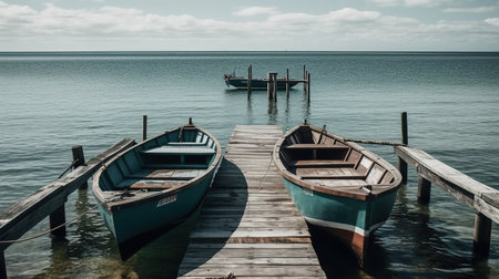 Two Boats On Dock Surrounded by Ocean During Day Time Seascape Background Imageの素材