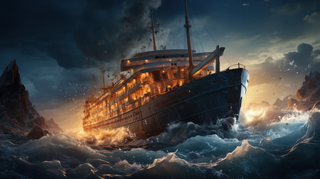The Titanic Colliding With An Iceberg Depicting The Moment of Impact in The Midst of The Dark and Icy Ocean Seascape Background Imageの素材