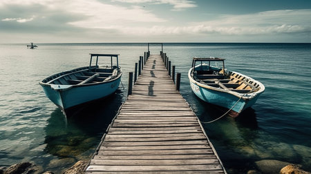Two Boats On Dock Surrounded by Ocean During Day Time Seascape Background Imageの素材