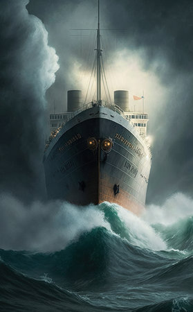 Front of Hull Ride the Wind And Waves Mysterious Stormy Sea The Titanic Sailing Head-On In The Rainstorm Seascape Background Imageの素材