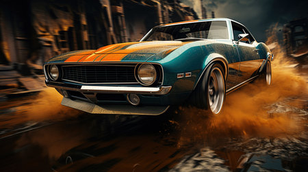 Modern Turquoise Color Super Futuristic Car on Road With Background Blur Imageの素材