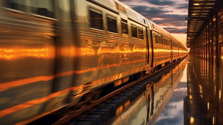 Mesmerizing High Speed Train Travel Trough Forest at Sunset With Motion Blur and Reflection Blurry Background Imageの素材