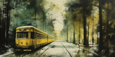 Oil Painting of Yellow Color Old Tram on Tracks in Green Forest Background Imageの素材