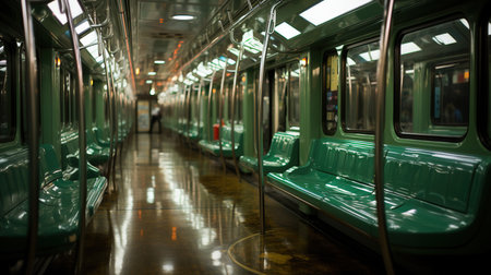 Inside View Of Metro Train Green Color Seats Motion Blur and Reflection Blurry Background Imageの素材