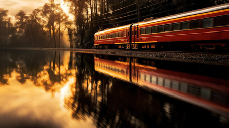 Mesmerizing High Speed Train Travel Trough Forest at Sunset With Motion Blur and Reflection Blurry Background Imageの素材