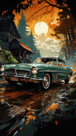 Oil Painting of Colorful Vintage Classic Car In Forest At Sunset Background Imageの素材