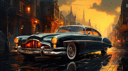 A Classic Retro Car on The road Watercolor Oil Painting Cityscape Background Imageの素材