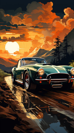 Oil Painting of Colorful Vintage Classic Car In Forest At Sunset Background Imageの素材