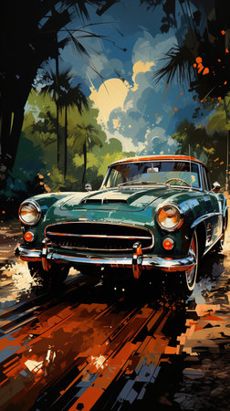 Oil Painting of Colorful Vintage Classic Car In Forest At Sunset Background Imageの素材