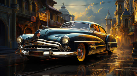 A Classic Retro Car on The road Watercolor Oil Painting Cityscape Background Imageの素材