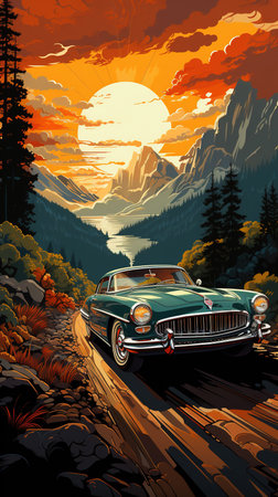 Oil Painting of Colorful Vintage Classic Car In Forest At Sunset Background Imageの素材