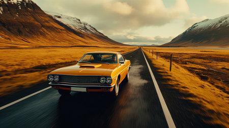 A Modern Luxury Car Left Running in Iceland Blurry Background Imageの素材