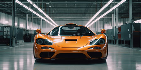 Front Side View of A Futuristic Super Luxury Orange Car in Modern Workshop on Blurry Background Imageの素材