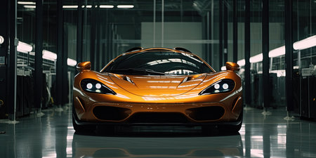 Front Side View of A Futuristic Super Luxury Orange Car in Modern Workshop on Blurry Background Imageの素材