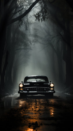 The Car Is Driving Under Trees In The Forest on Blurry Background Imageの素材