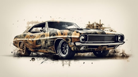 Oil Painting of Colorful Vintage Rusty Classic Car Background Imageの素材