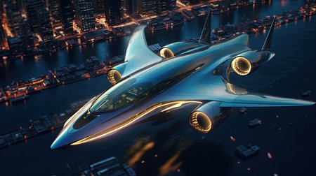 A Futuristic Modern Aircraft Flying on Metro City on Blurry Background Imageの素材