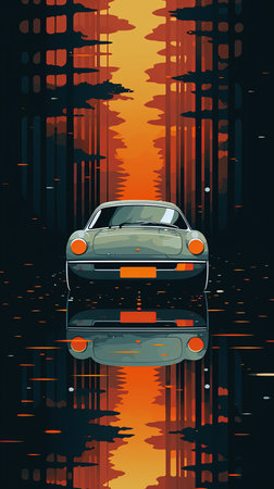 Contemporary Art Oil Painting of Colorful Vintage Classic Car At Sunset Background Imageの素材