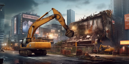 Billboard Construction in The City Demolished By Excavator Background Imageの素材