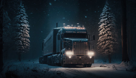 Heavy Truck Locomative with Lights Driving Trough the Darkness Winter Forest on Blurry Background Imageの素材