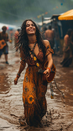 Beautiful 1960s Hippie Dancing in The Mud At Woodstock Imageの素材