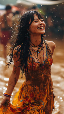 Beautiful 1960s Hippie Dancing in The Mud At Woodstock Imageの素材