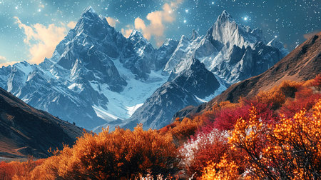 A Panorama of Majestic Snow Mountains Under A Starry blue Sky Landscape Imageの素材
