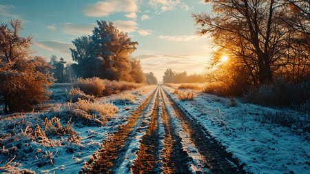 A Runway Field Divided Into Two Parts In The Middle. One Side is Winter Landscape Imageの素材