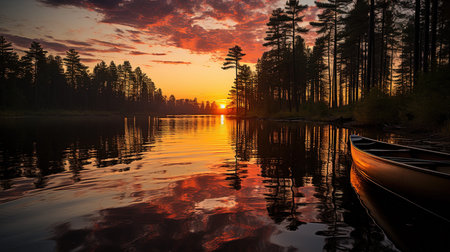 A Serene Moment of kayaking On A Lake at Sunset Landscape Imageの素材