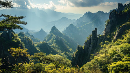 A Mountain Range in China Where Each Mountain Looks Like the Vertebrae Landscape Imageの素材