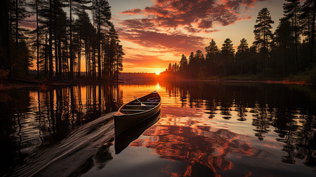 A Serene Moment of kayaking On A Lake at Sunset Landscape Imageの素材