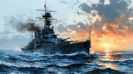 A Clean Black And White Line Drawing Of The Battleship Seascape Imageの素材