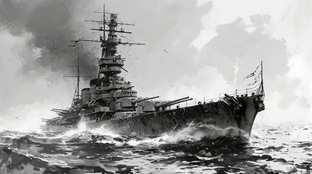 A Clean Black And White Line Drawing Of The Battleship Seascape Imageの素材